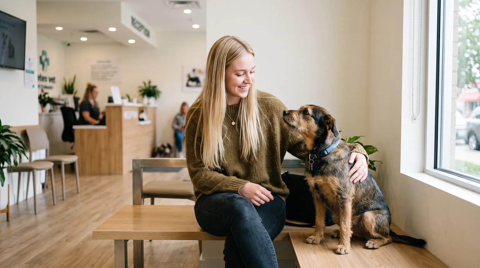 A young woman sitting with her dog on a bench in the bright waiting room of a veterinary clinic.