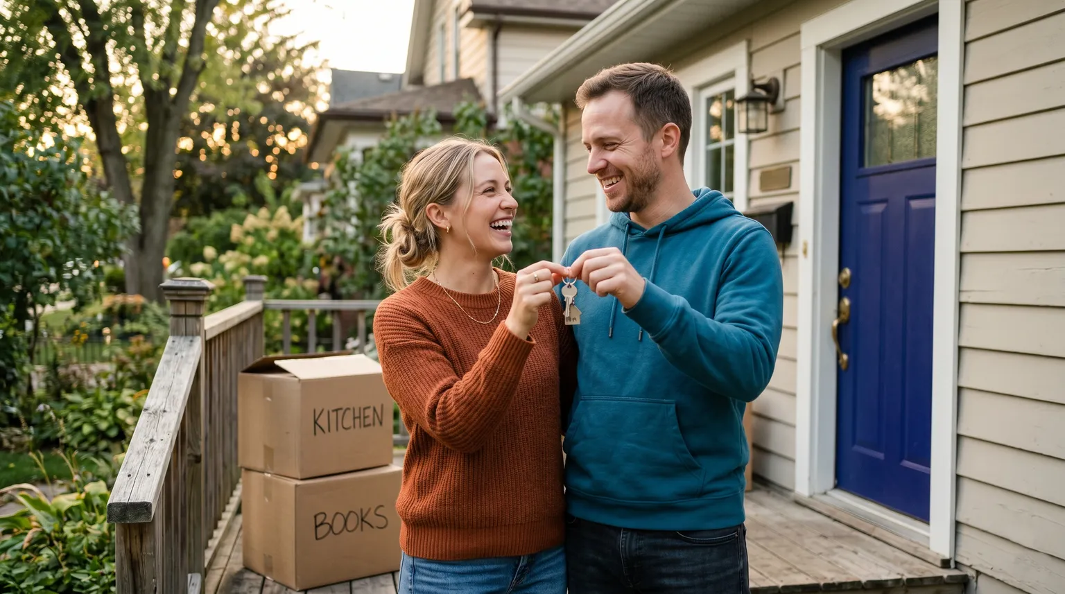 A young couple on the front steps of a Canadian home, holding house keys.