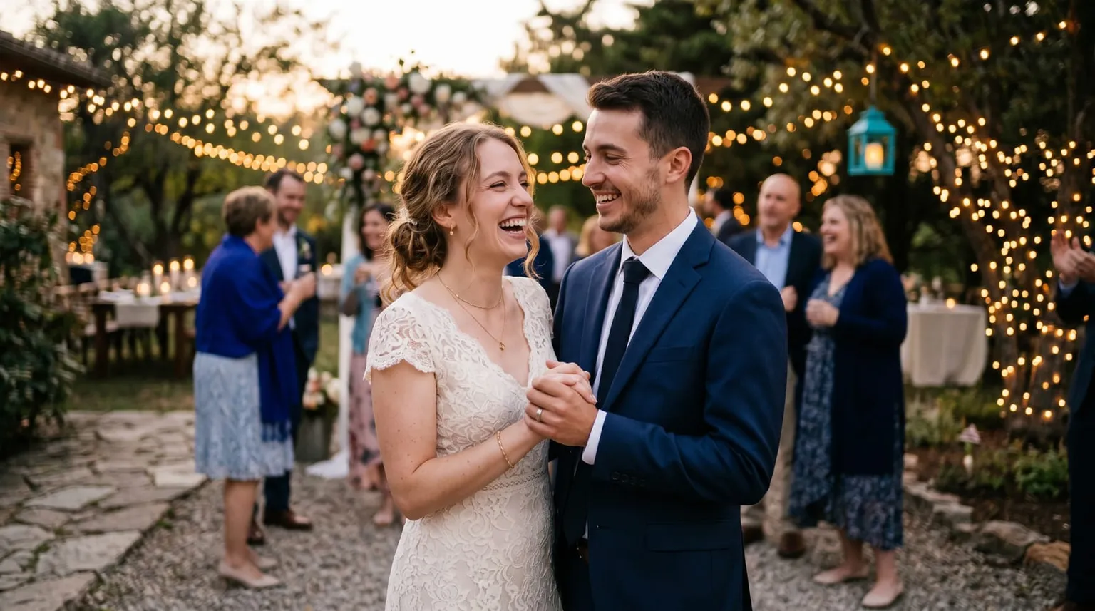 A smiling couple holding hands at an outdoor wedding reception, string lights glowing behind them.