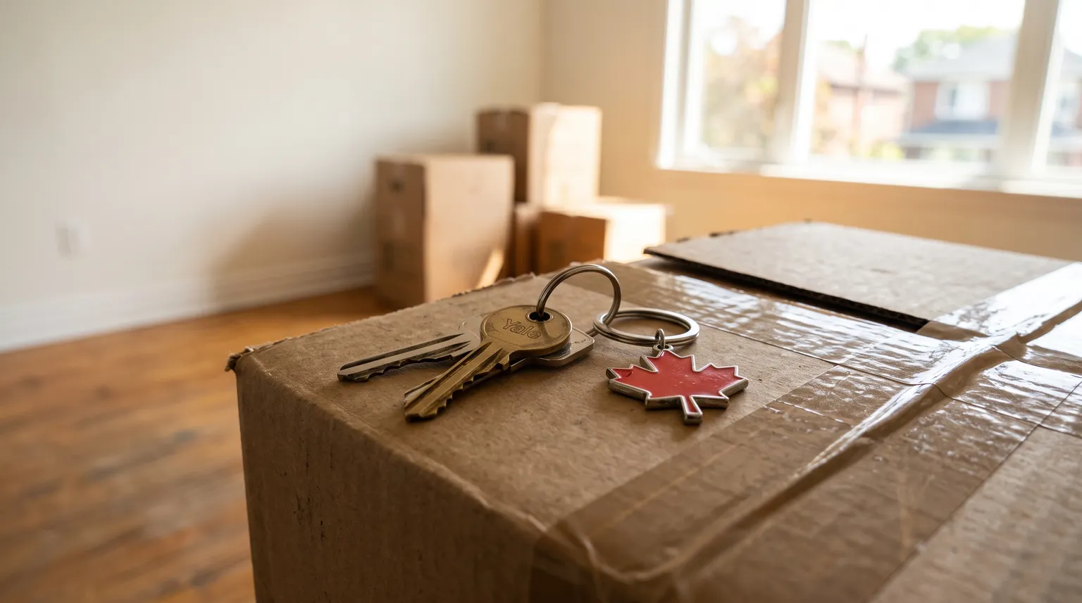 A set of house keys and a Canadian maple-leaf keychain resting on a moving box in a bright, mostly empty apartment.