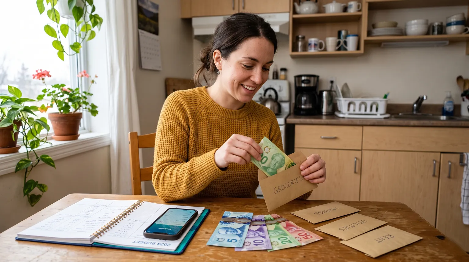 A person at a kitchen table sorting Canadian cash into savings envelopes, a budget notebook open nearby.
