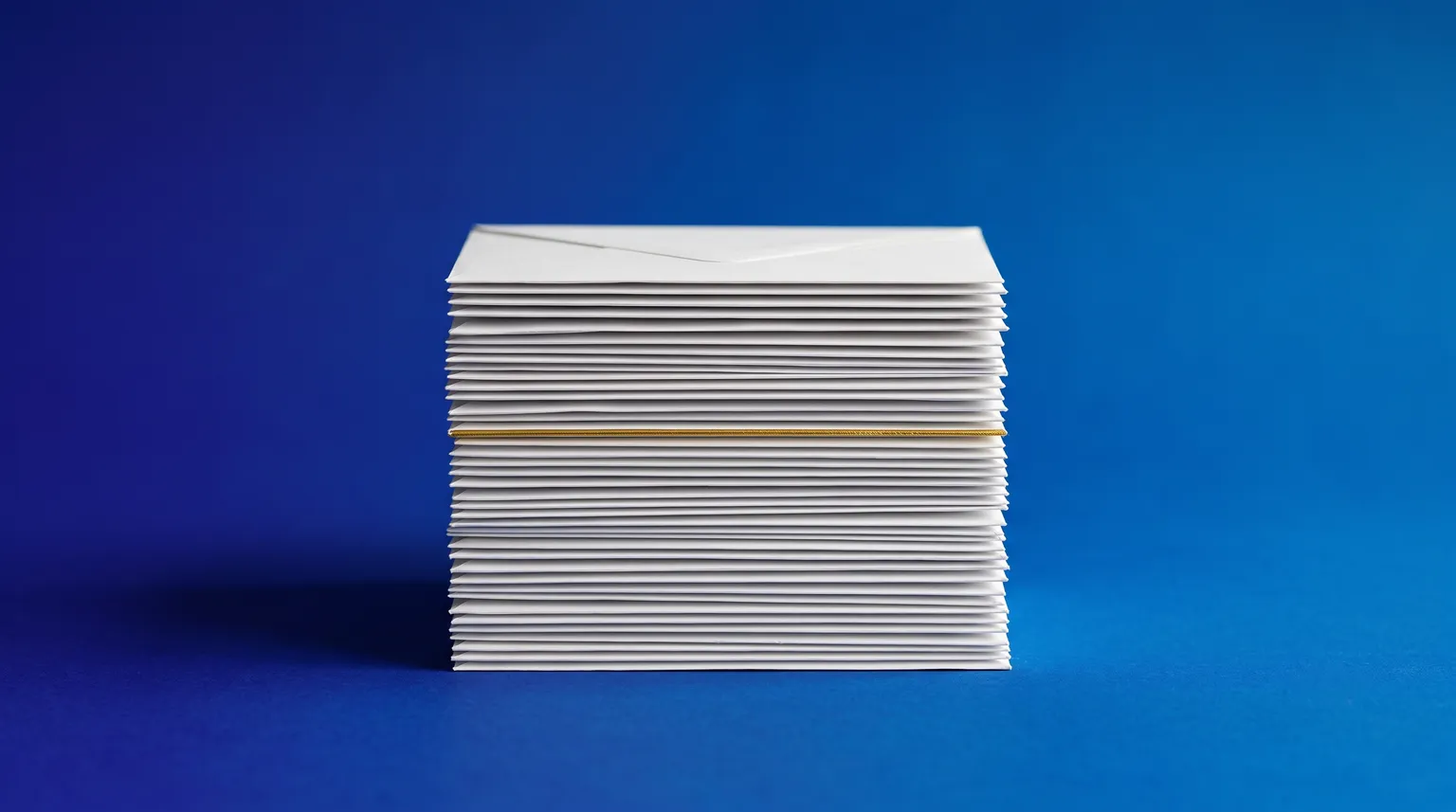 A stack of plain white envelopes on a deep blue background, one of them edged in gold foil.