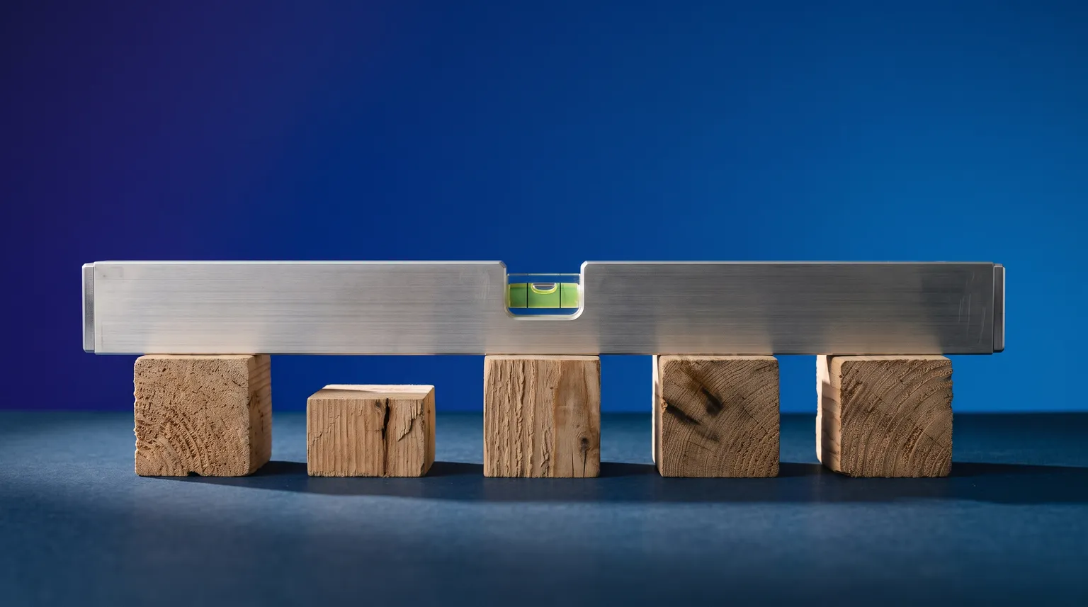 A machined aluminum spirit level resting across five wooden blocks of uneven height, bubble centred.