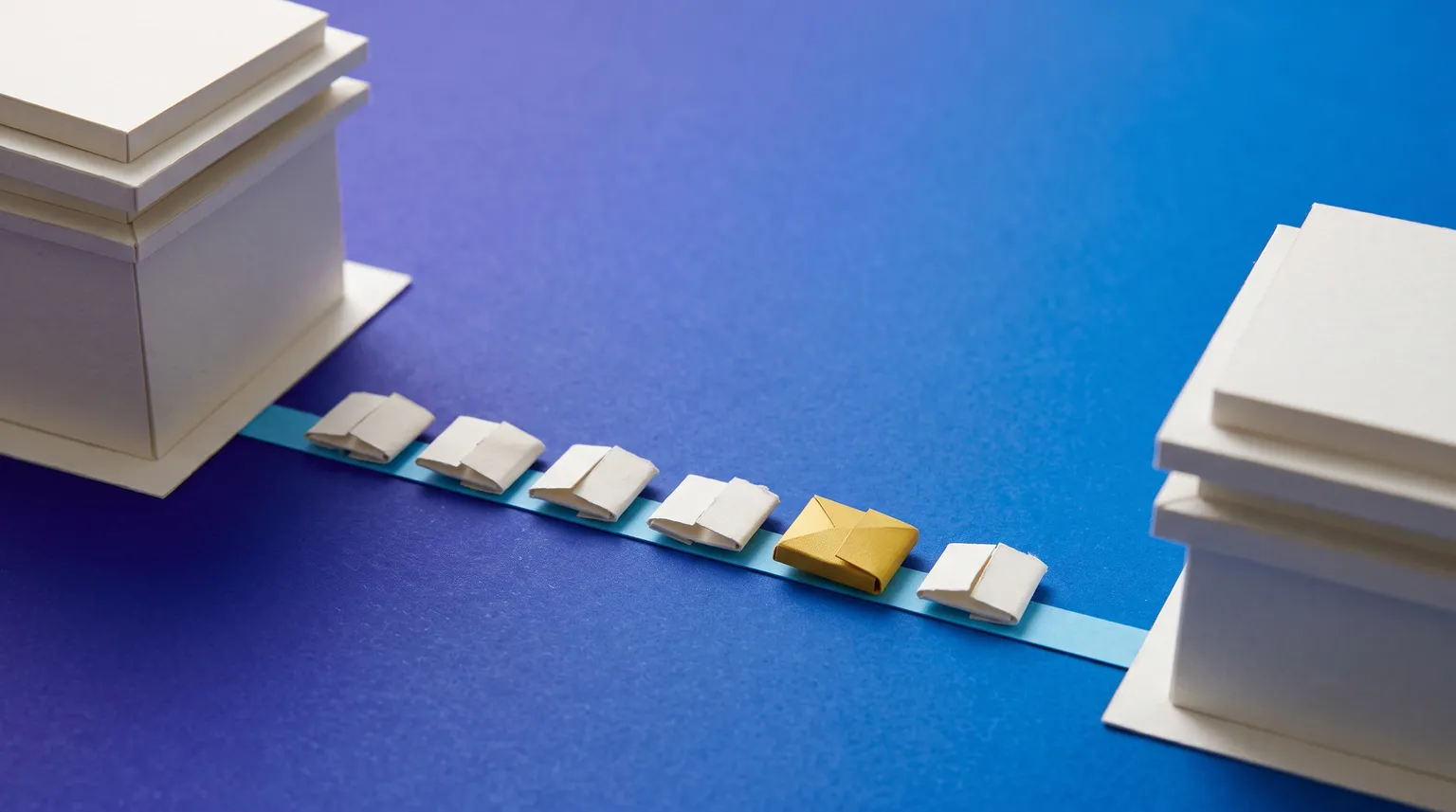 De petits colis en papier découpé circulent le long d'une ligne entre deux formes d'immeubles.