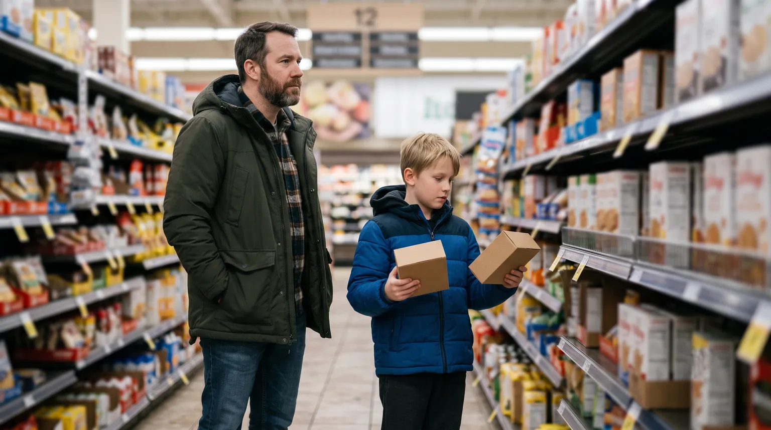 A father watches his young son compare the price tags on two boxes in a grocery aisle.