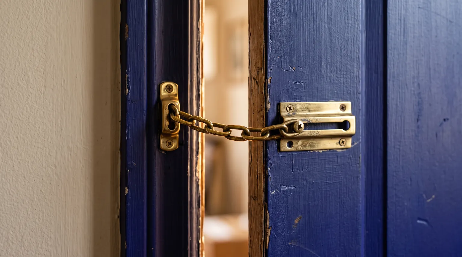 A polished brass door chain across a gap in a deep blue painted door, warm daylight beyond.