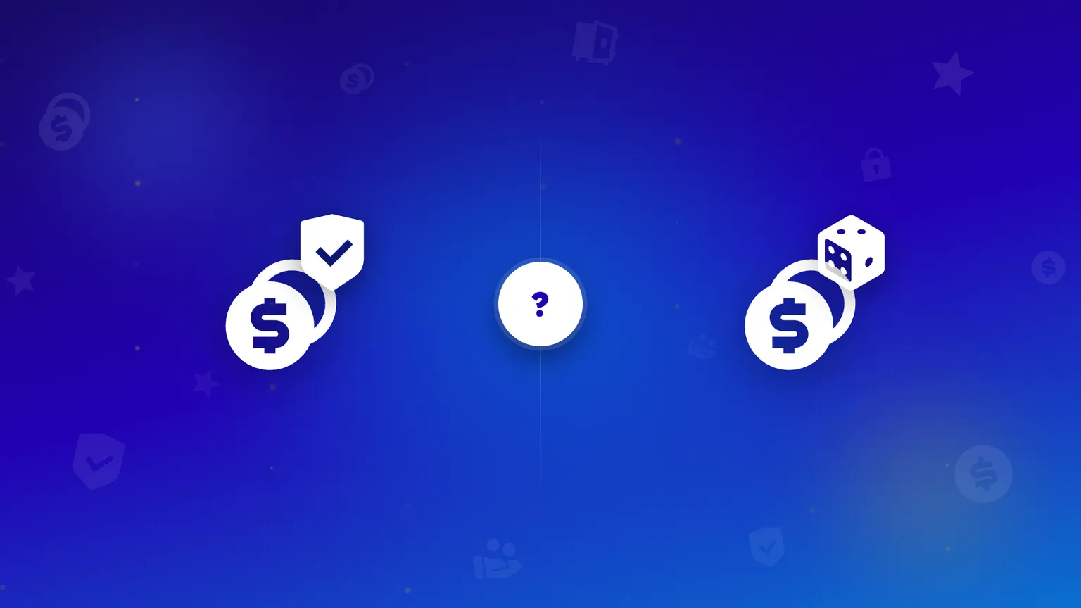 Savings coins behind a shield on one side and gambling dice on the other, with a question mark between them.