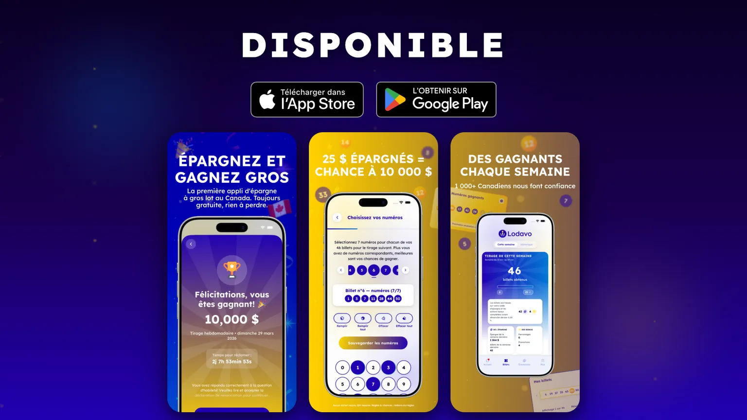 Visuel d’annonce du lancement de l’application Lodavo avec les badges App Store et Google Play