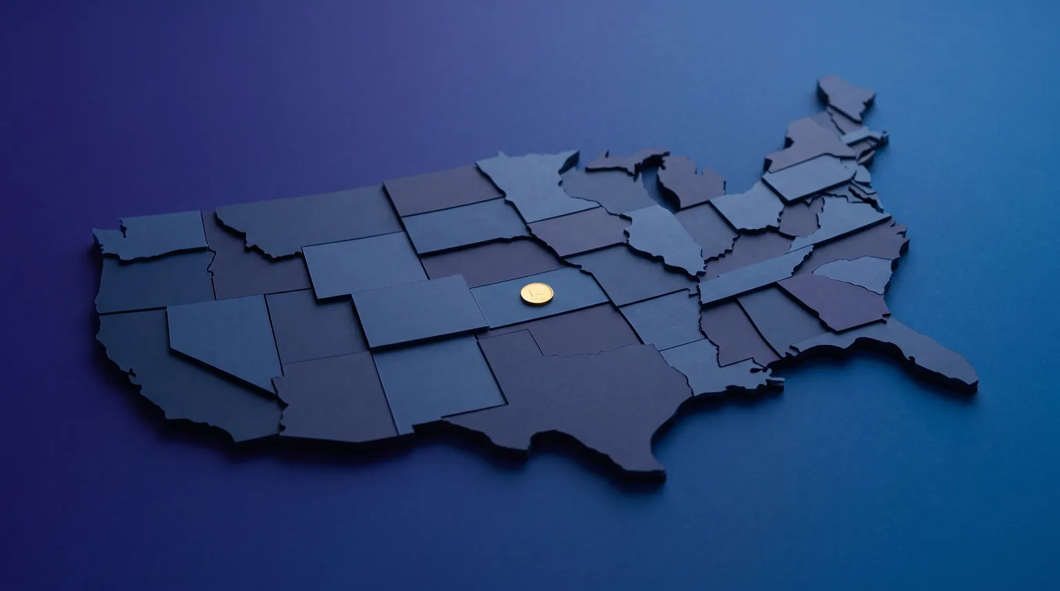 A paper-craft map of the United States on a deep blue backdrop, each state raised to a different height, with one gold coin resting on it.