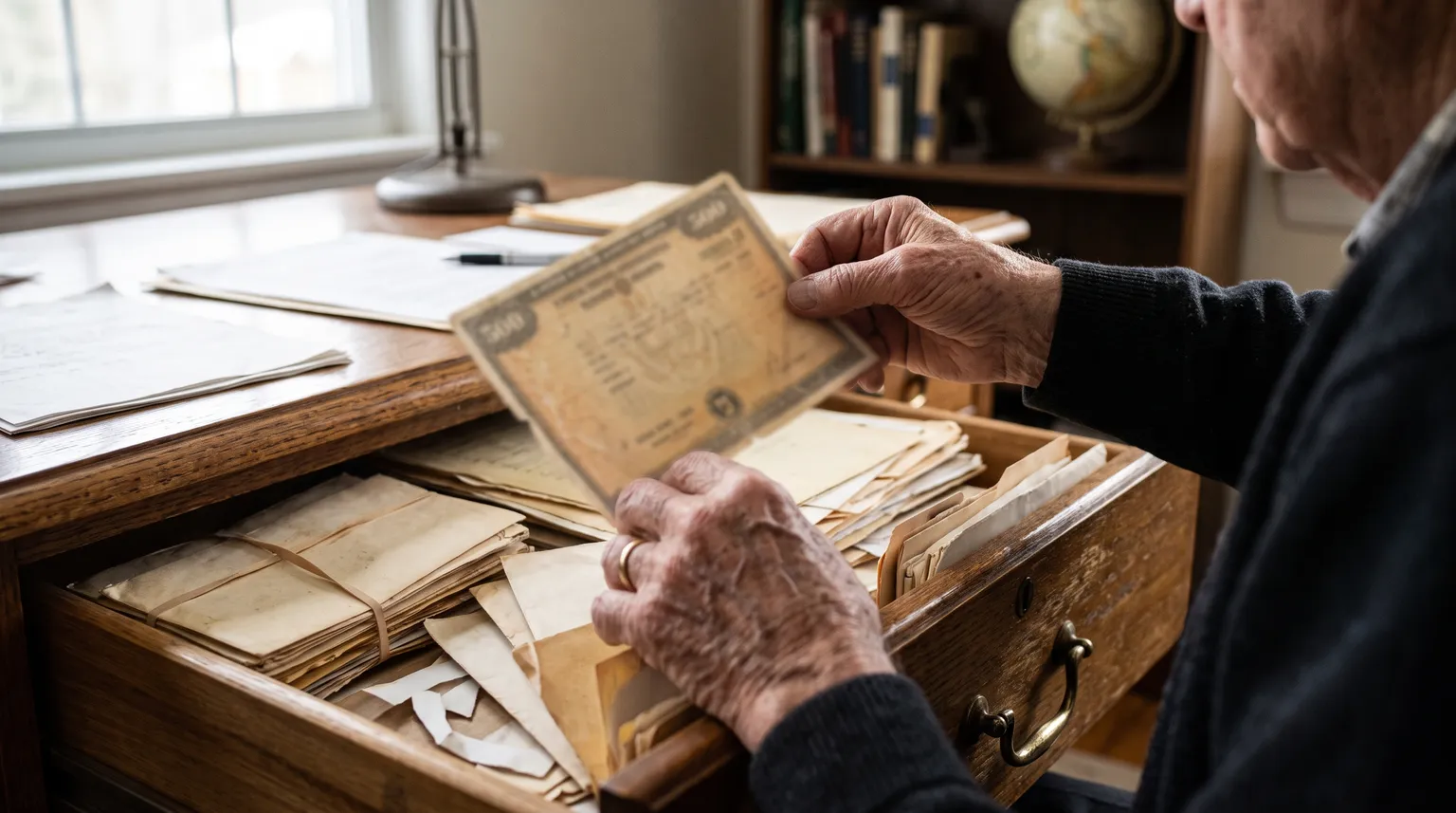 Hands lifting an old paper bond certificate from a drawer of yellowed documents.