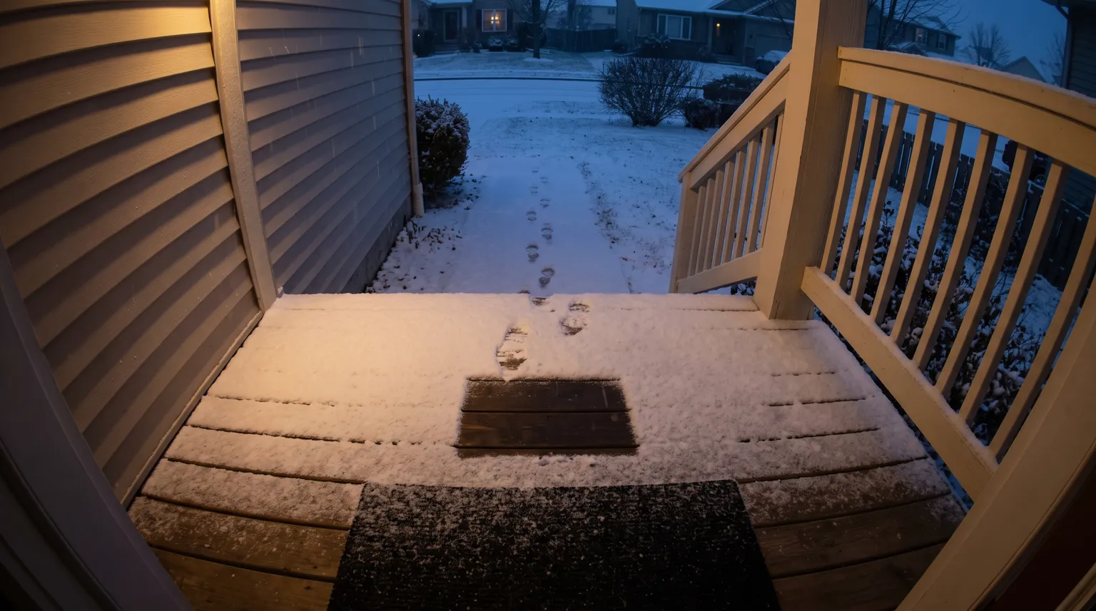 Doorbell camera view of a snowy front step with a bare rectangle where a parcel sat.