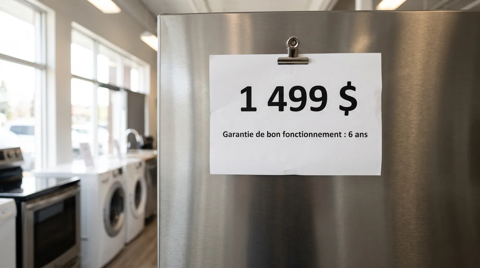 Une étiquette de prix fixée à un réfrigérateur en acier inoxydable en magasin, qui indique le prix et une garantie de bon fonctionnement de six ans.