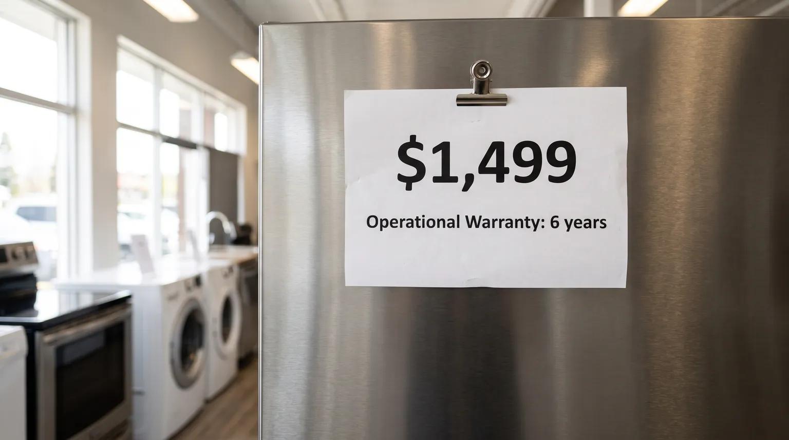 A price card clipped to a stainless steel refrigerator in a store, listing its price and a six-year warranty of good working order.