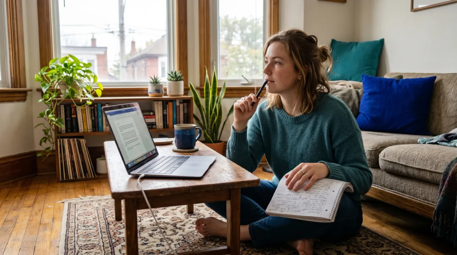A woman in her mid-20s plans her finances with a laptop and notebook in a sunlit apartment.