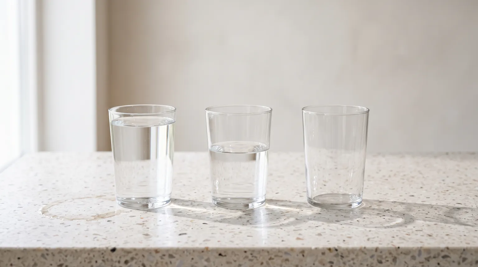 Trois verres identiques alignés sur un comptoir de terrazzo pâle : un plein, un à moitié, un vide.