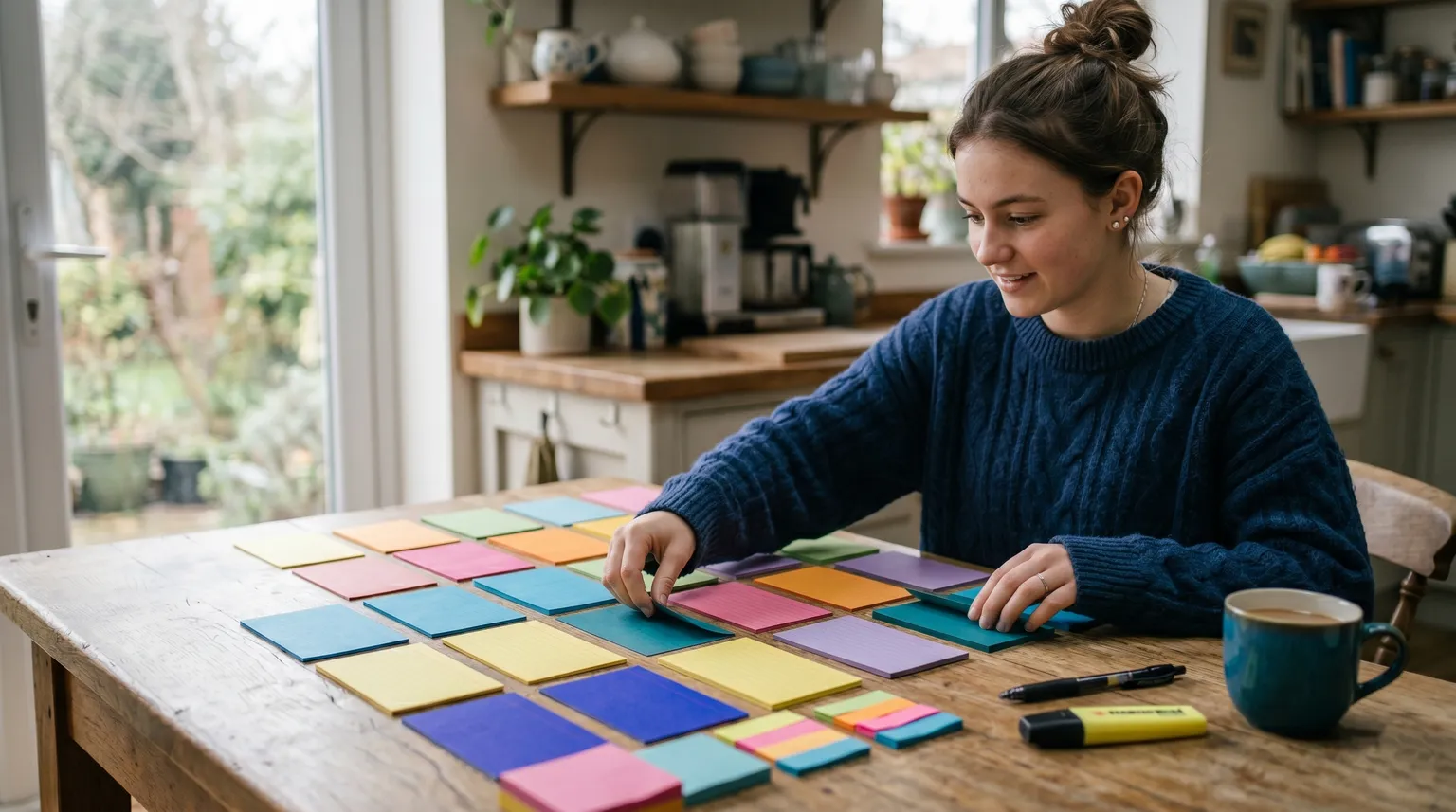 A person at a kitchen table sorting colourful index cards and sticky notes.
