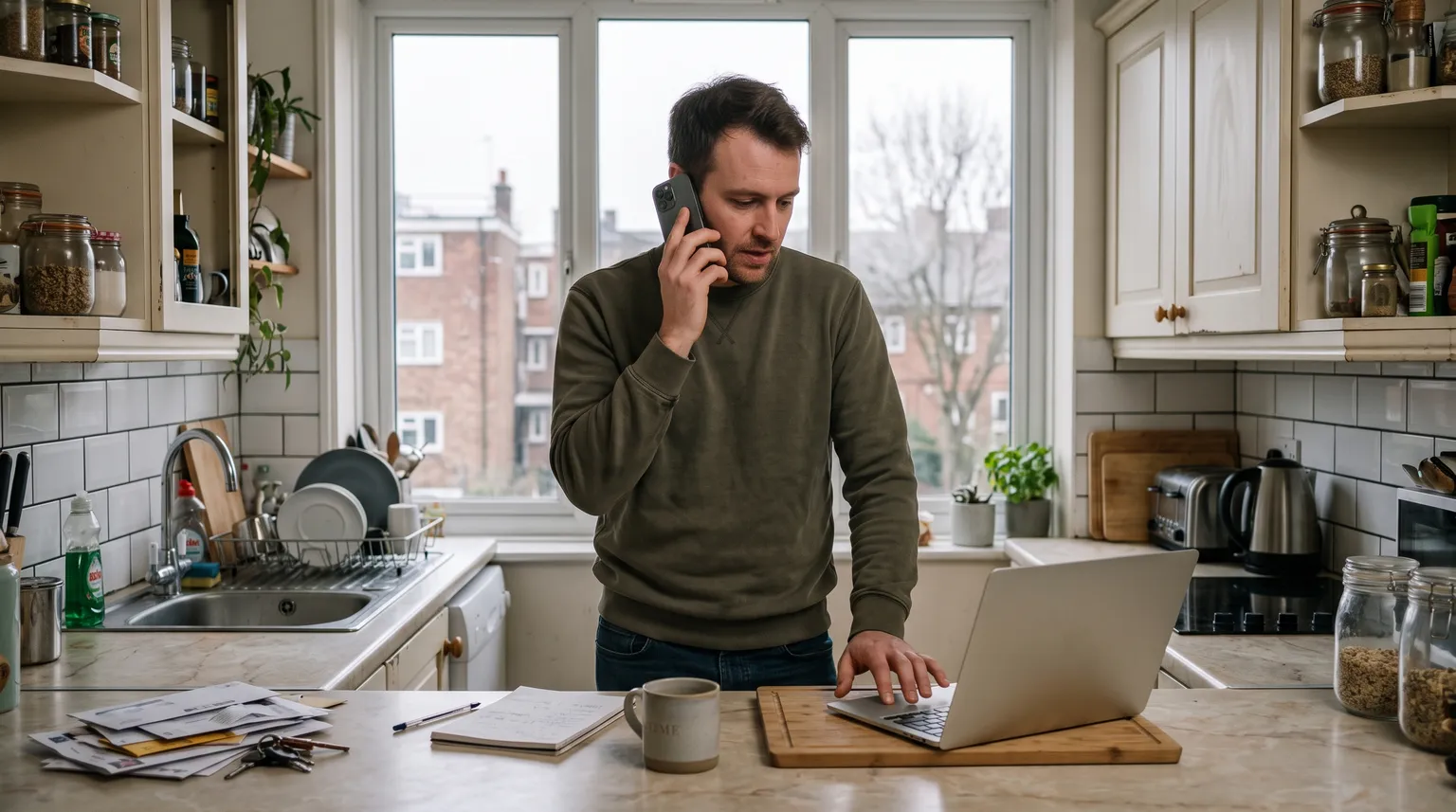 Un homme debout au comptoir de cuisine d'un appartement, téléphone à l'oreille, le regard sur son ordinateur portable.