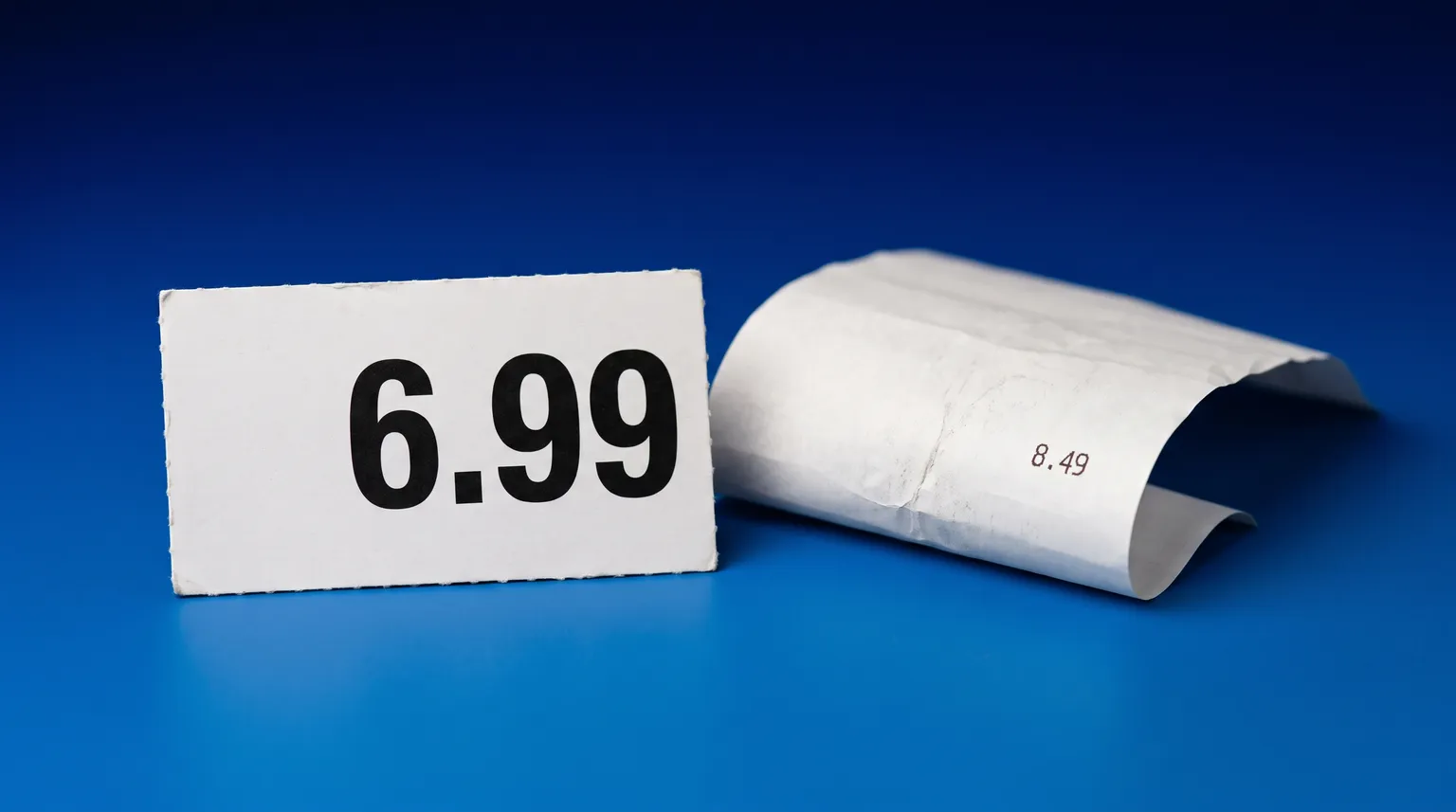 A supermarket shelf price tag reading 6.99 lying beside a curled receipt showing 8.49.