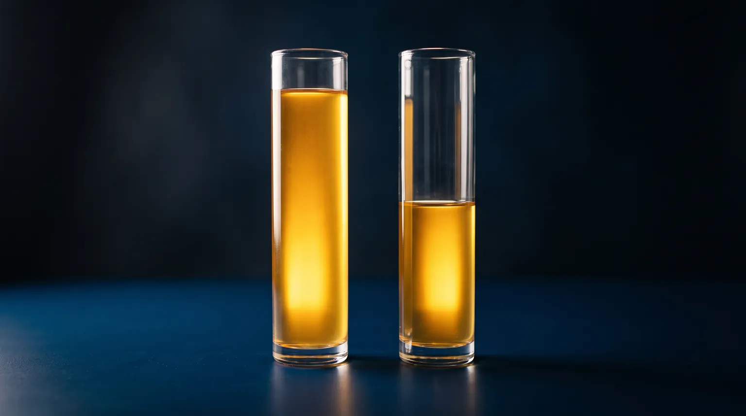 Deux éprouvettes de verre identiques sur une surface bleu foncé, l'une remplie presque jusqu'en haut d'un liquide doré et l'autre à moitié seulement.