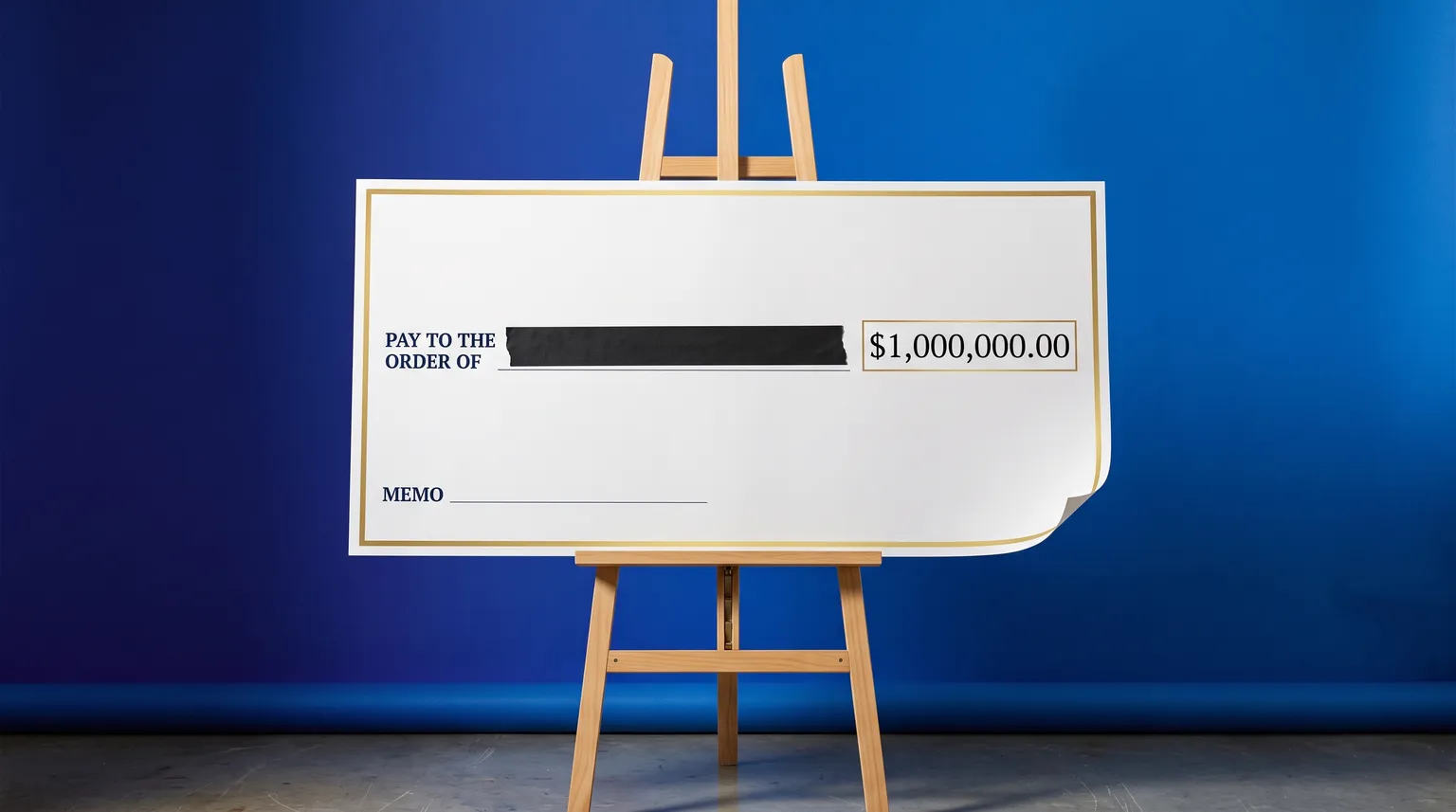 An oversized prize check on an easel against a deep blue backdrop, with the winner's name covered by a strip of black tape.