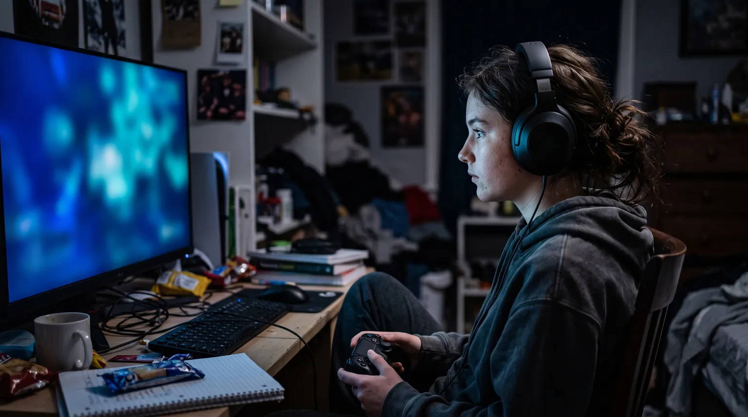 A teenager sits alone at a desk late at night, her face lit by the cold glow of a gaming monitor.