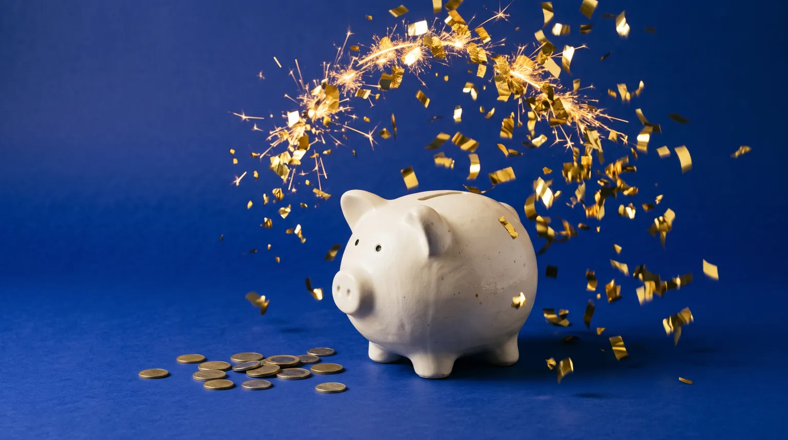 A cream ceramic piggy bank on a deep blue backdrop, caught in a burst of falling gold confetti.
