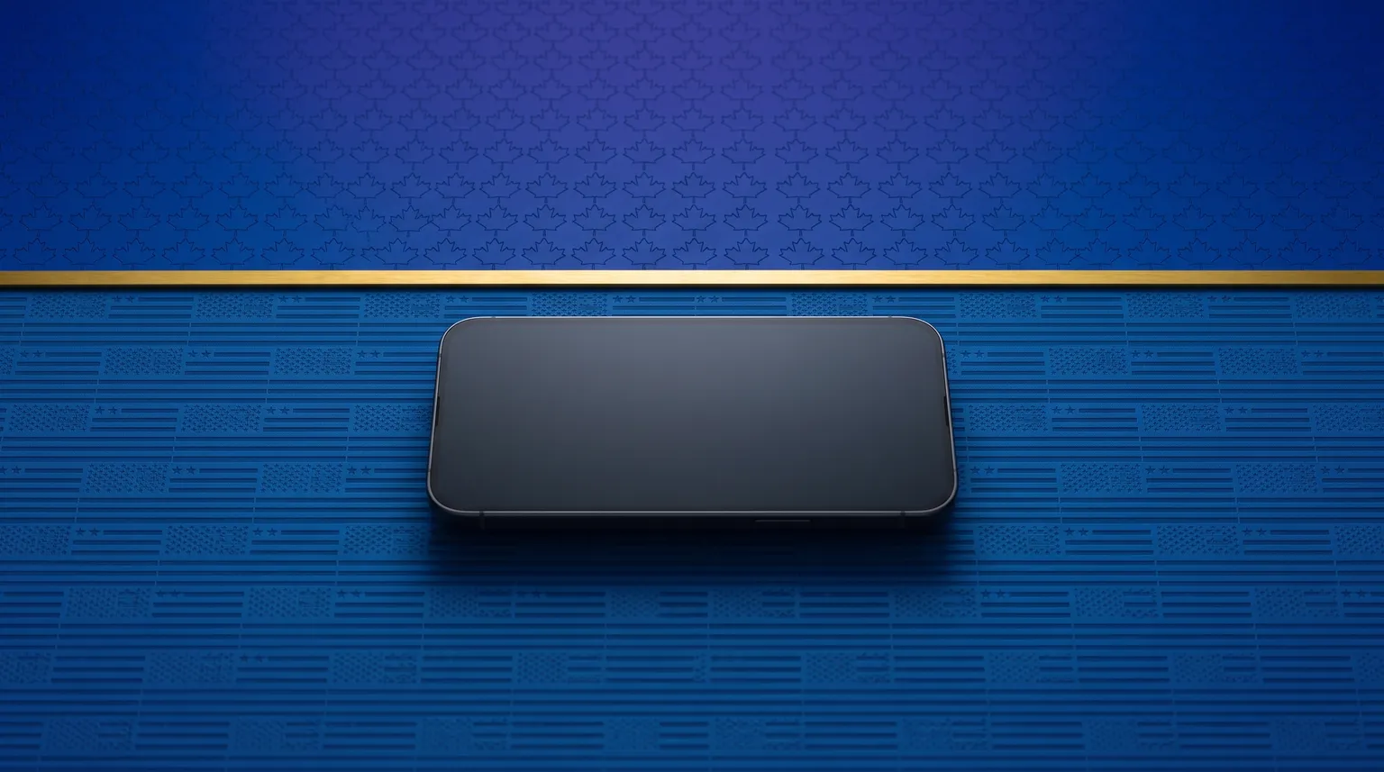 Un téléphone sur un fond bleu de drapeaux américains, sous une ligne dorée et des feuilles d'érable.