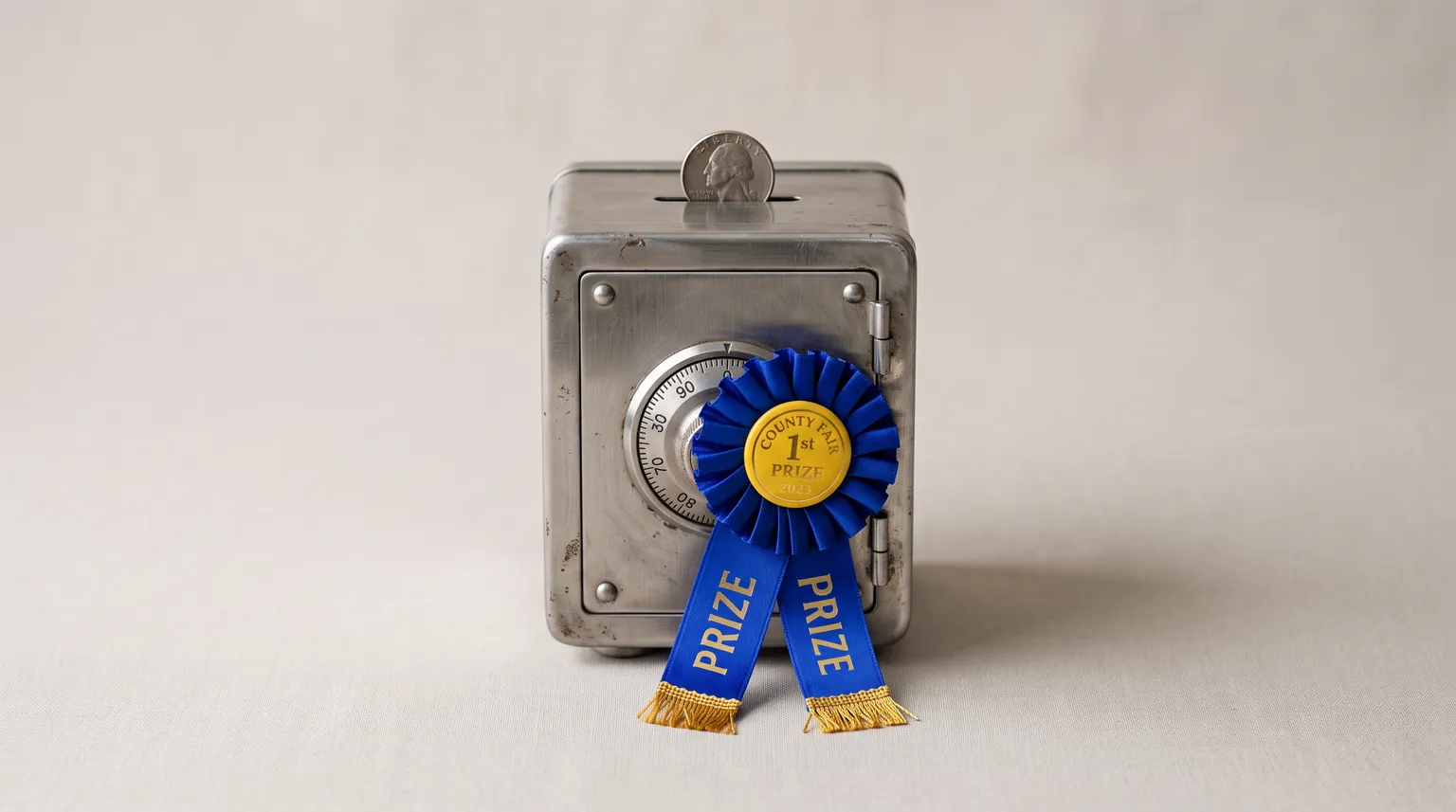 A small steel coin bank shaped like a safe, with a coin going into its slot and a blue prize ribbon hanging from its dial.