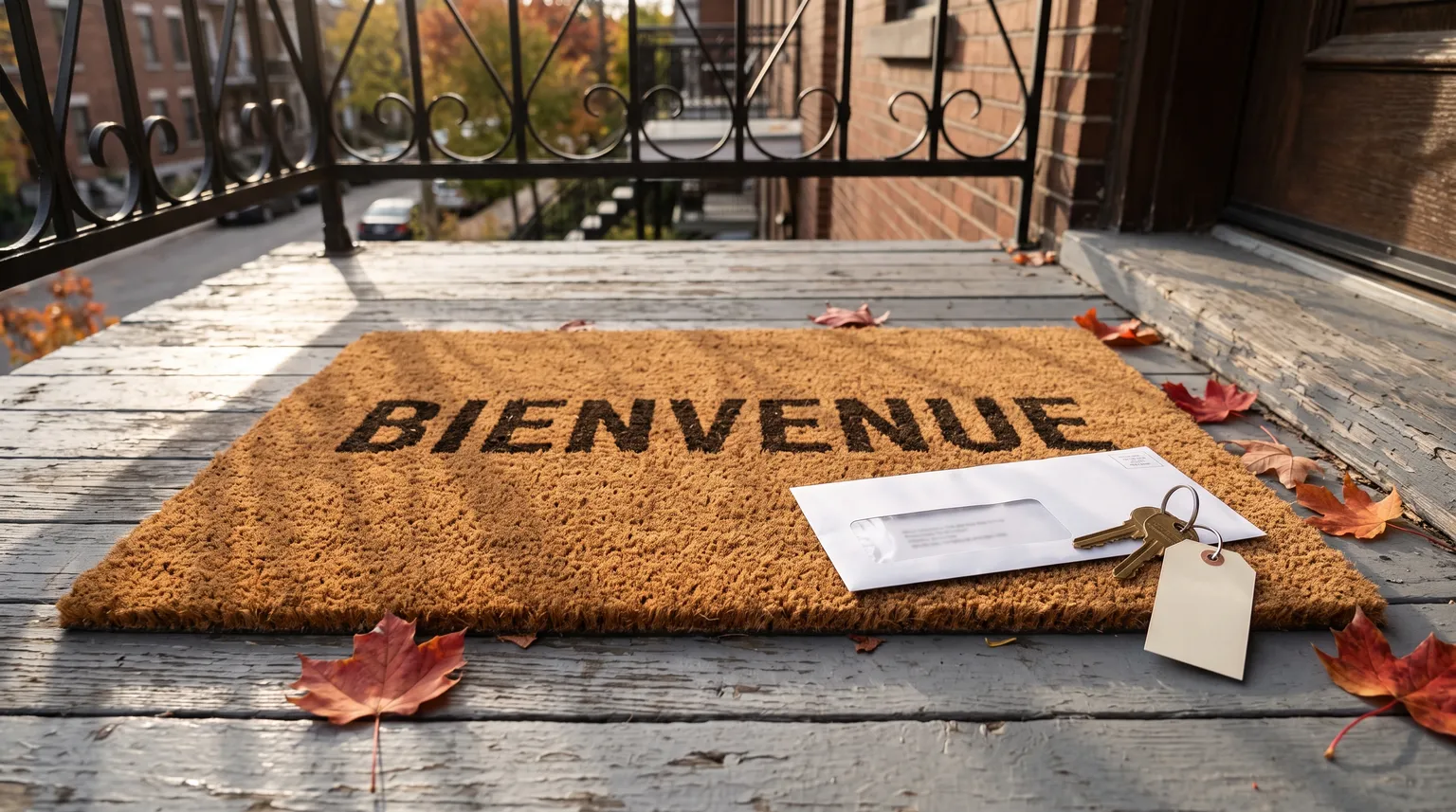Un paillasson en fibre de coco où l'on peut lire BIENVENUE, sur une galerie peinte en gris, avec une enveloppe à fenêtre, un trousseau de clés et quelques feuilles d'érable rouges.
