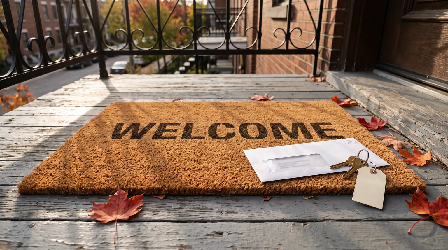 A coir welcome mat on a grey-painted porch, with a window envelope, a set of keys and a few red maple leaves on it.