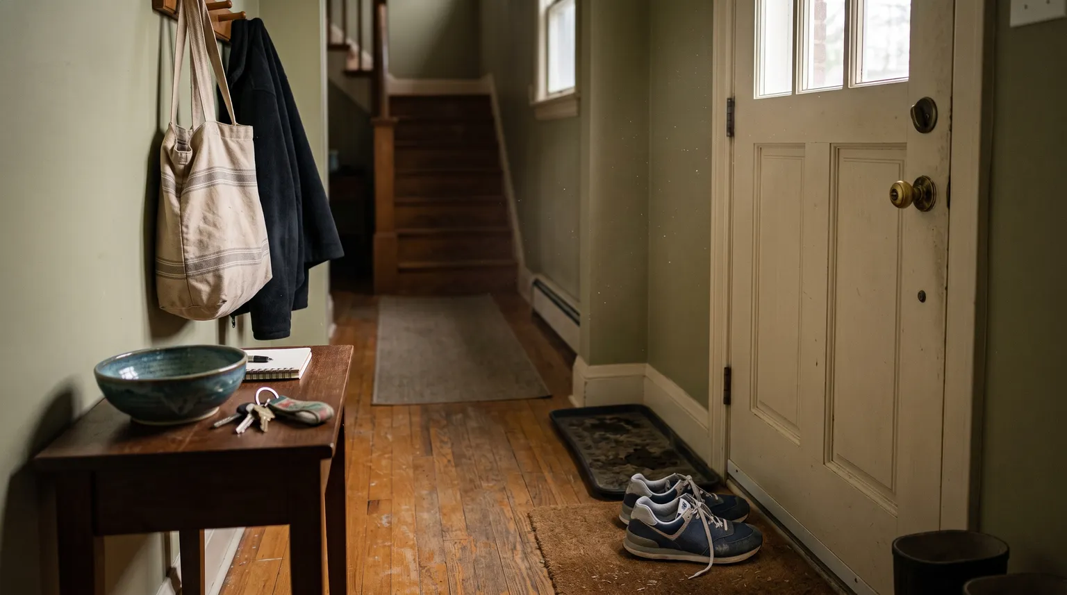 A pair of everyday sneakers by a front door with house keys in a bowl on the hall table, mid-morning light.
