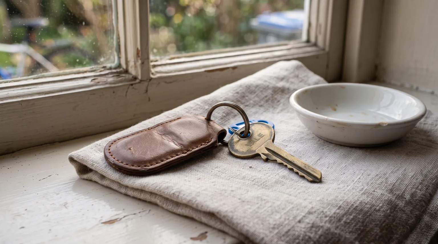 A brass house key on a worn leather fob, resting on folded linen on an old painted windowsill.