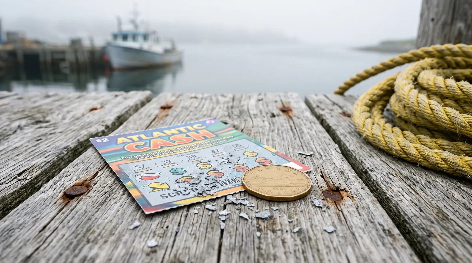 A scratch ticket and a loonie on the weathered planks of a fishing wharf, coiled rope and a boat in the fog behind.