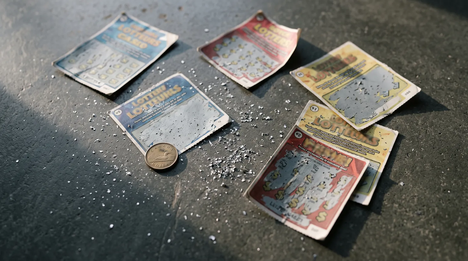 A scatter of scratched lottery tickets and silver scratch dust on a dark concrete surface.