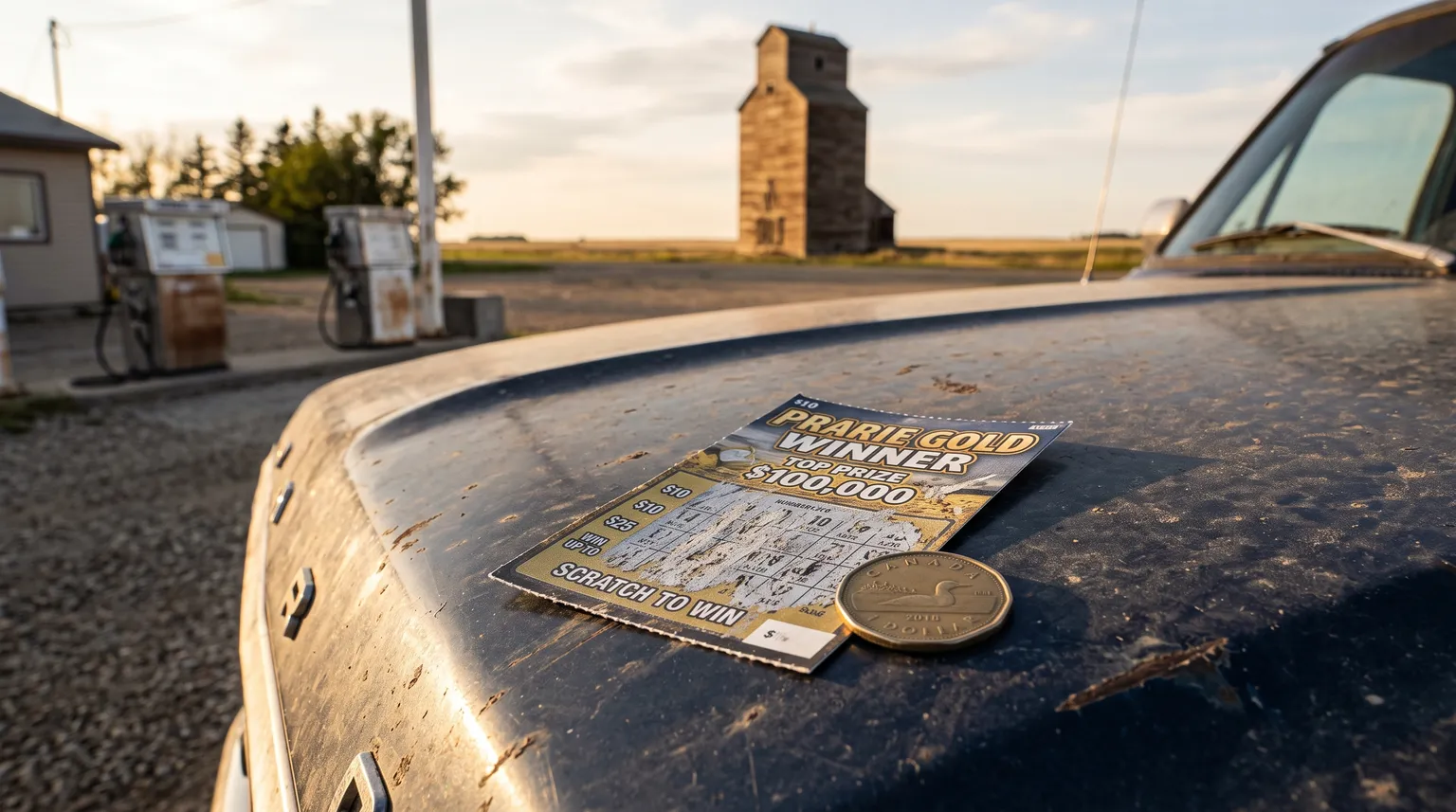 A scratch ticket and a dollar coin on the hood of a pickup truck, grain elevator and open prairie behind.