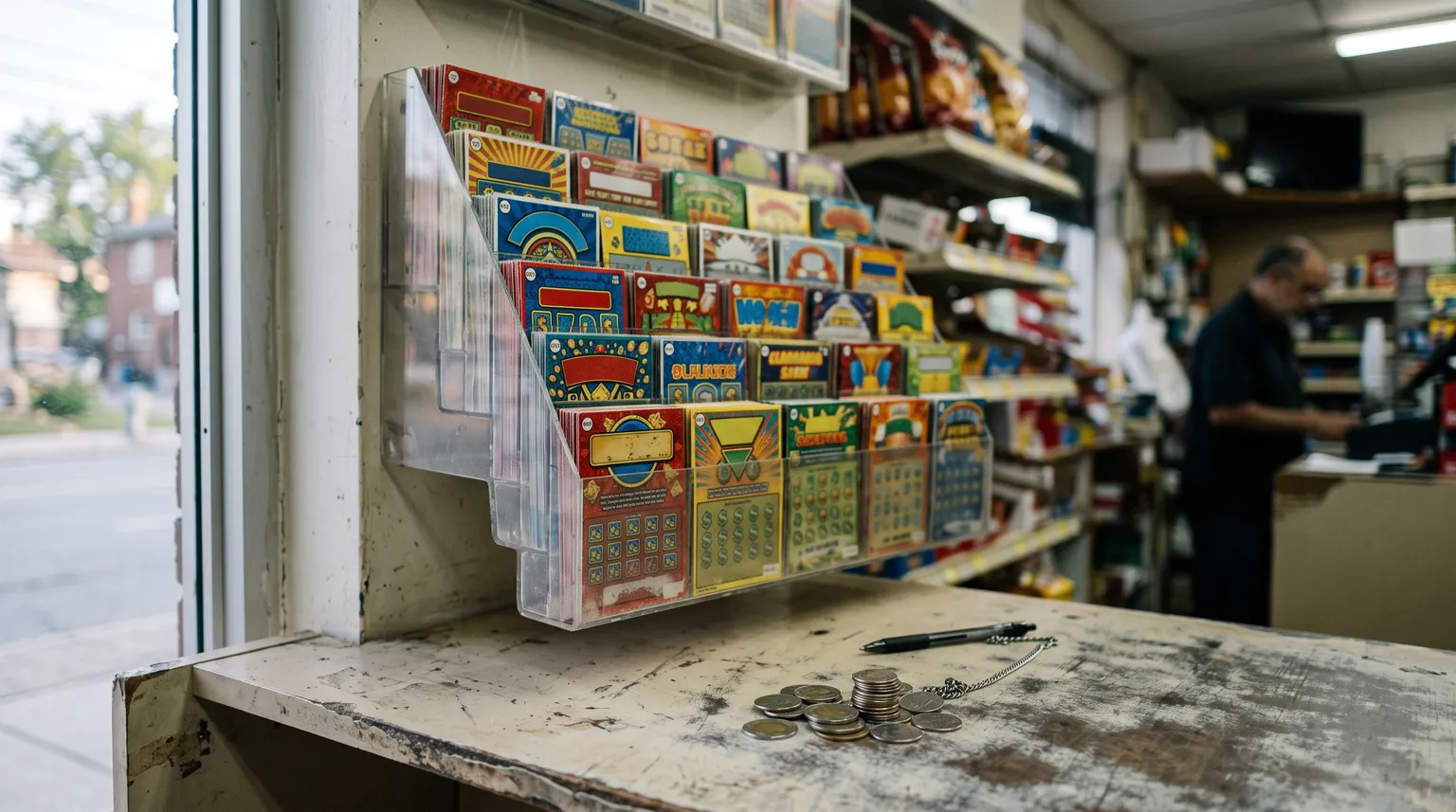 Des rangées de billets à gratter dans un présentoir de dépanneur derrière un comptoir usé, lumière du matin.