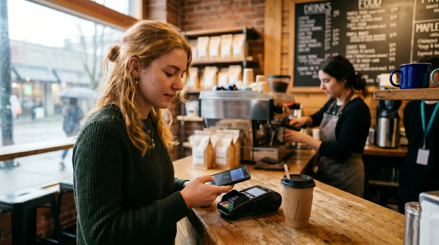 Une personne paie sans contact avec son téléphone au comptoir d'un café, un café posé à côté.
