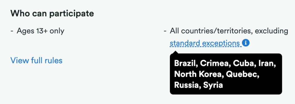 A contest eligibility tooltip listing the standard exceptions as Brazil, Crimea, Cuba, Iran, North Korea, Quebec, Russia, and Syria.
