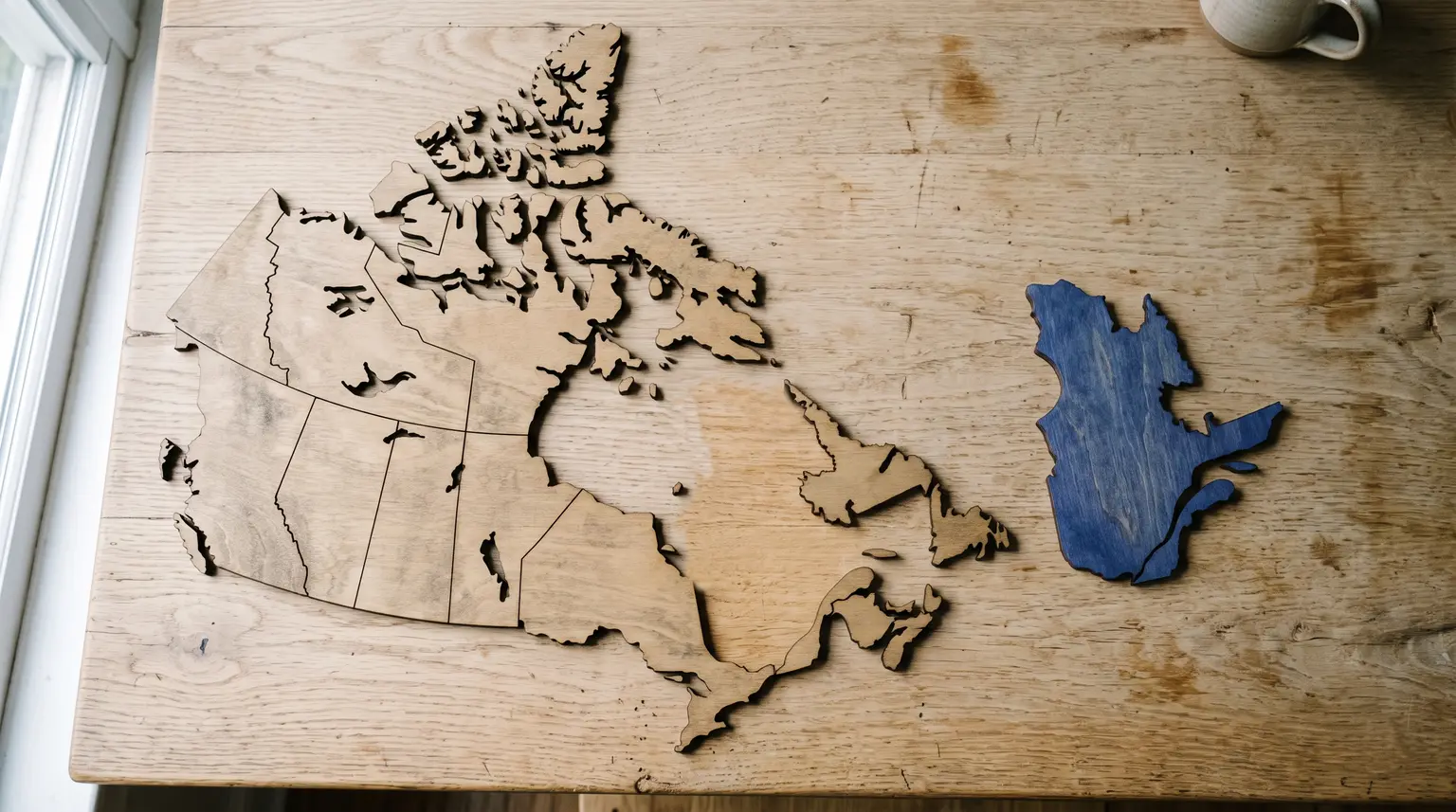A wooden jigsaw puzzle of Canada with the Quebec piece removed and set apart, leaving an empty gap where the province should be.