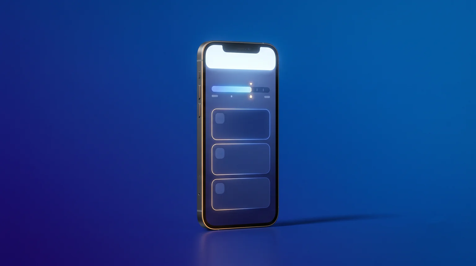 Un téléphone affichant une application bancaire épurée brille sur un fond bleu foncé avec un accent doré.